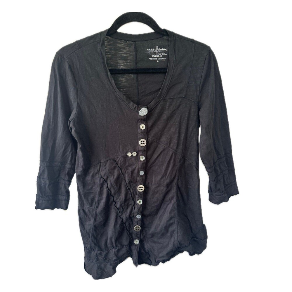 Neon Buddha Black Ruffle Trim Novelty Media Metal Buttons A Line Tunic Top M